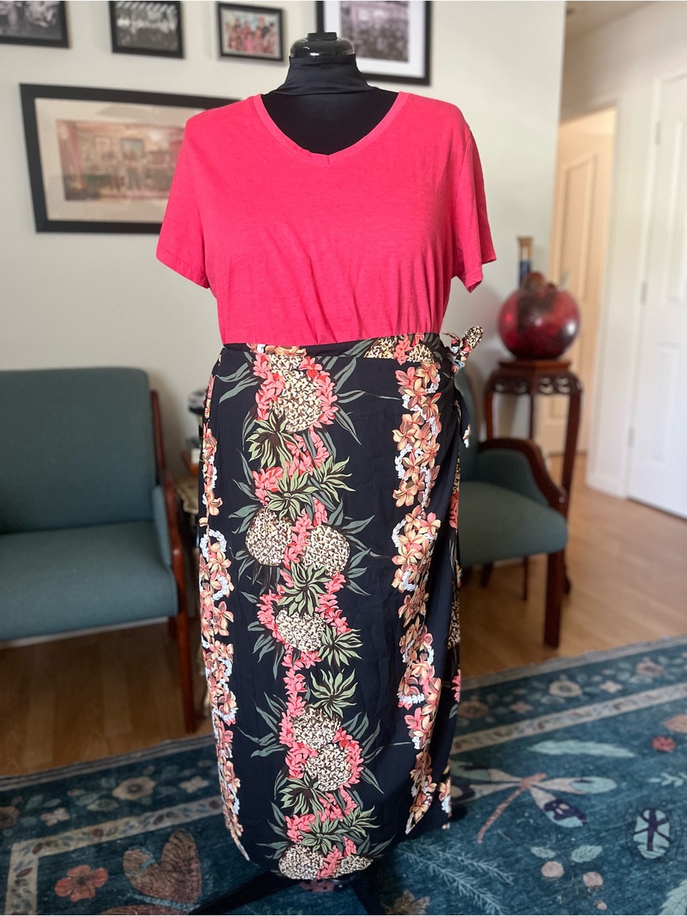 Floral Pineapple Wrap Skirt in Black and Coral